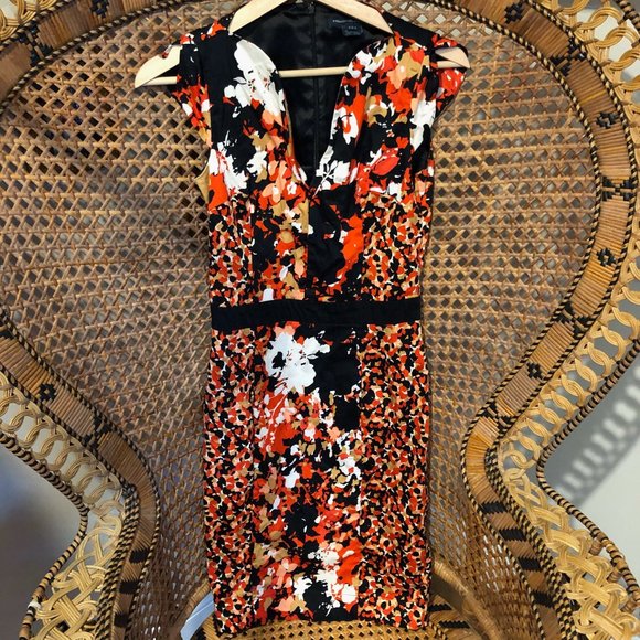 French Connection Asian Abstract Midi Cocktail Dress Red Black White Tan - Picture 2 of 5